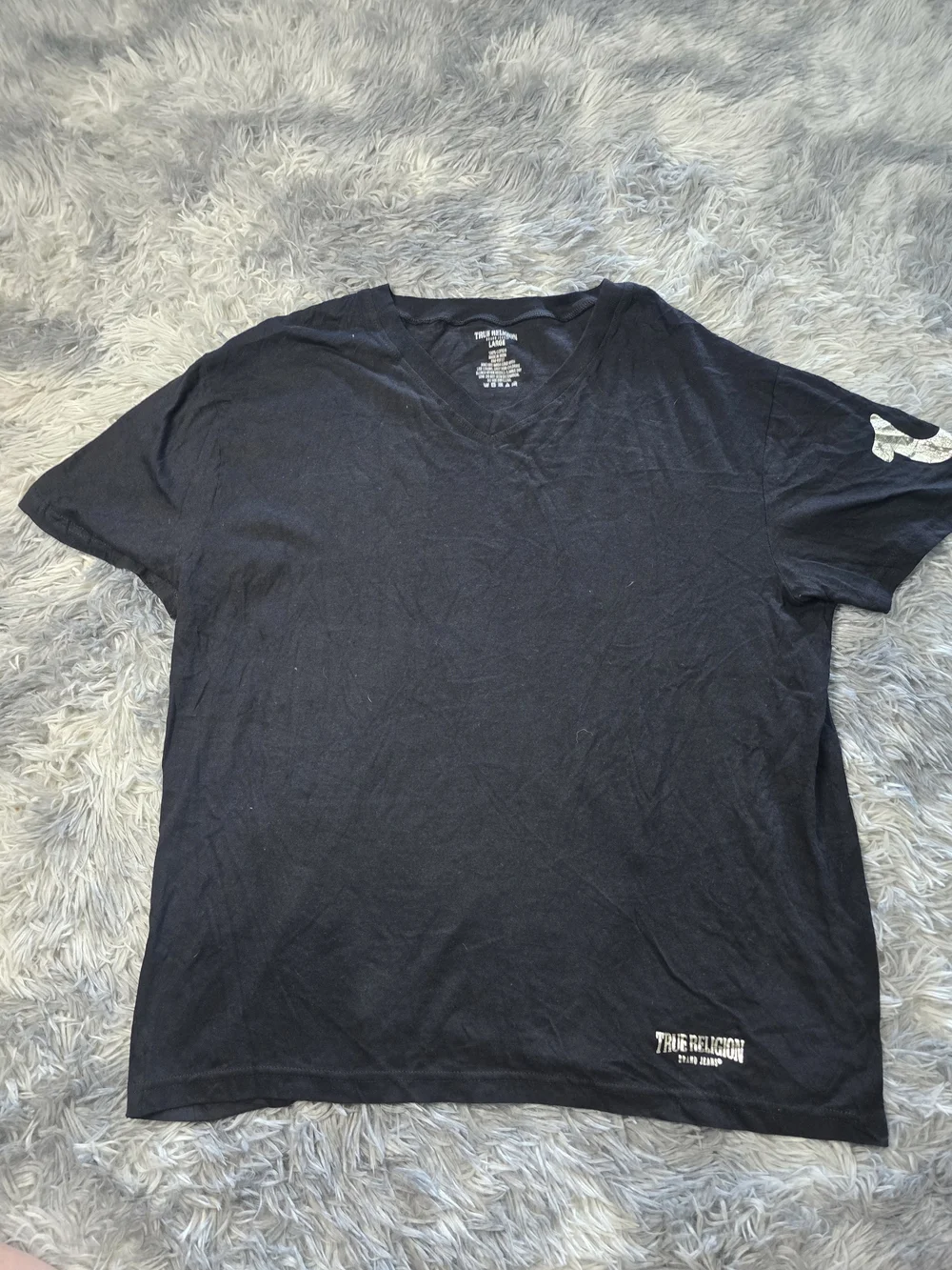 True Religion Men's Black V-Neck Tee with Silver Logo Accents Size Large
